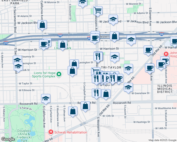 map of restaurants, bars, coffee shops, grocery stores, and more near 2457 West Polk Street in Chicago