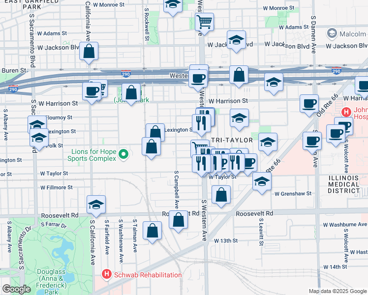 map of restaurants, bars, coffee shops, grocery stores, and more near 2457 West Polk Street in Chicago