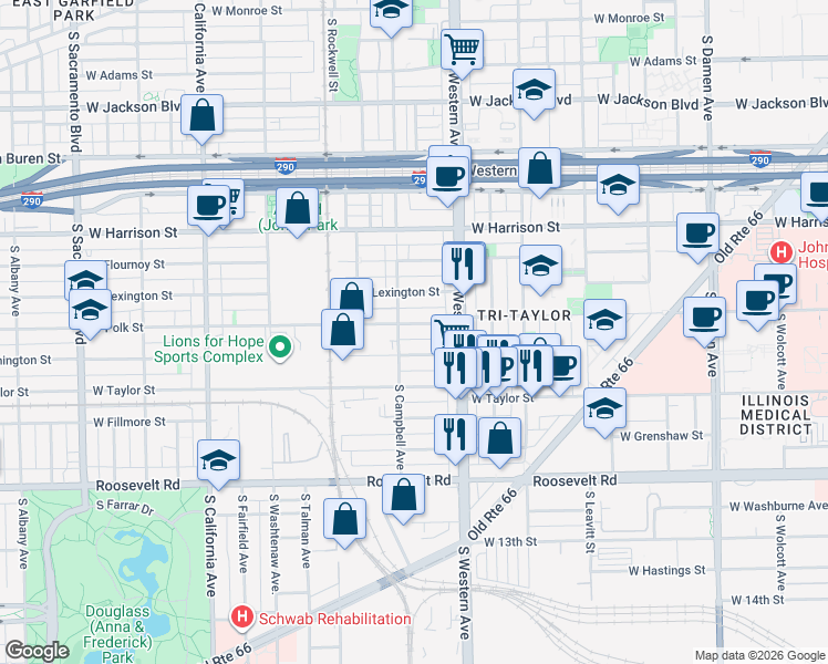 map of restaurants, bars, coffee shops, grocery stores, and more near 2457 West Polk Street in Chicago