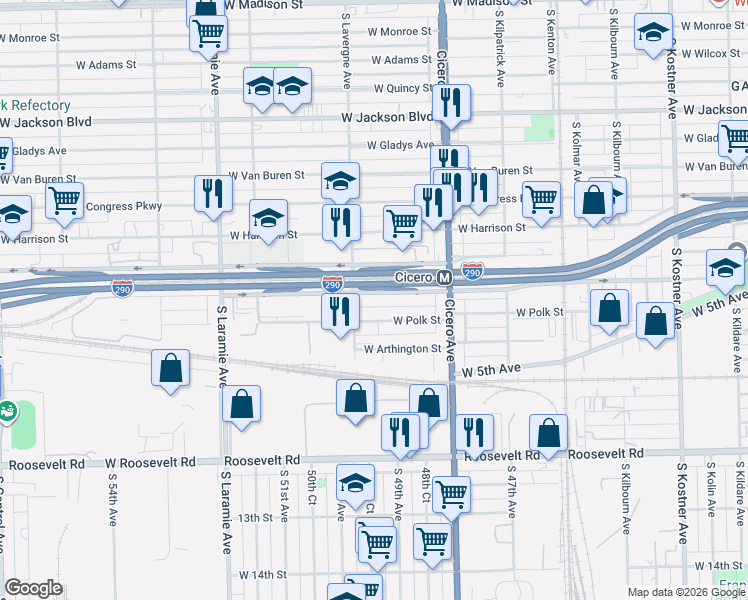 map of restaurants, bars, coffee shops, grocery stores, and more near 4939 West Lexington Street in Chicago