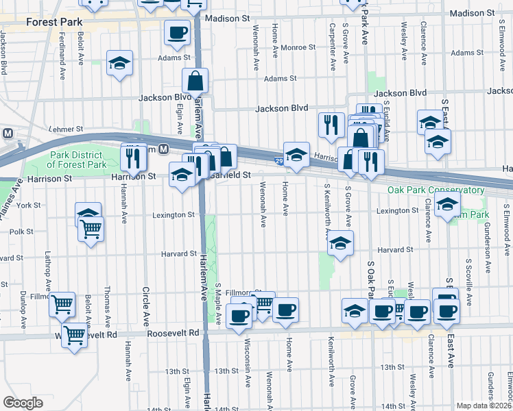 map of restaurants, bars, coffee shops, grocery stores, and more near 937 Wenonah Avenue in Oak Park