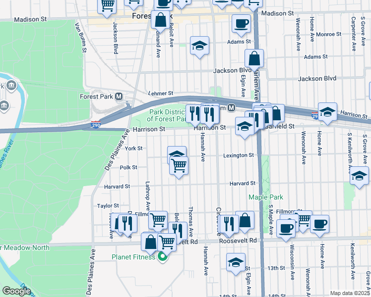 map of restaurants, bars, coffee shops, grocery stores, and more near 832 Beloit Avenue in Forest Park