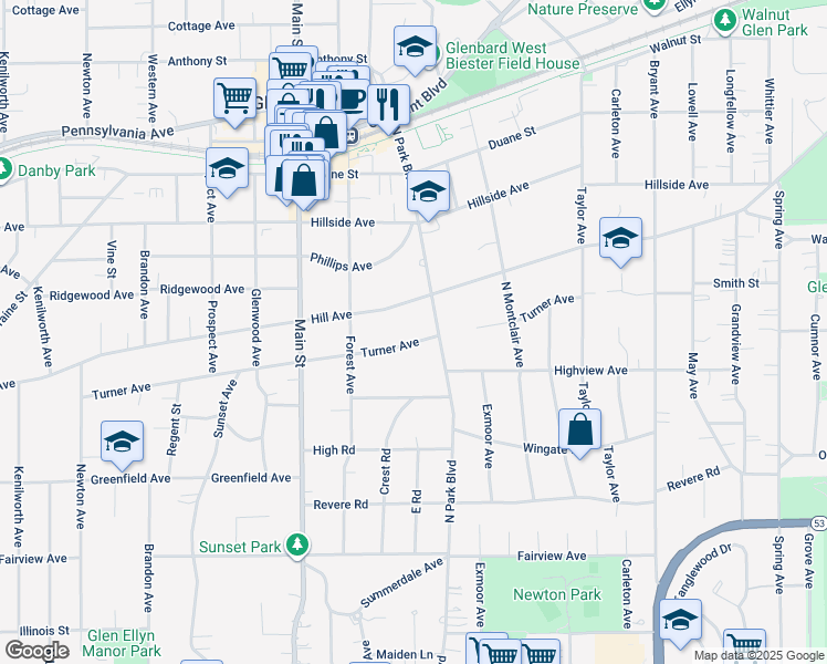 map of restaurants, bars, coffee shops, grocery stores, and more near 612 Turner Avenue in Glen Ellyn