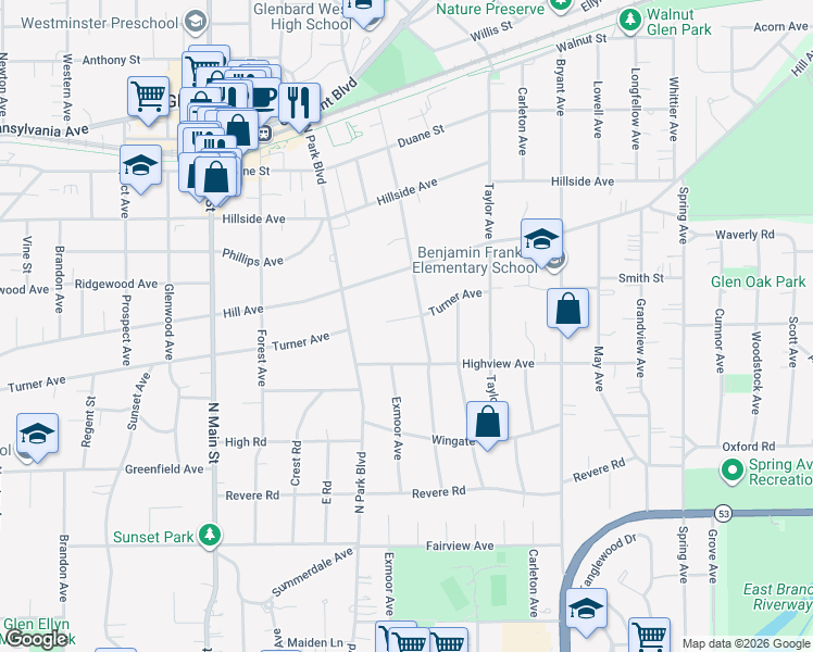 map of restaurants, bars, coffee shops, grocery stores, and more near 671 Turner Avenue in Glen Ellyn