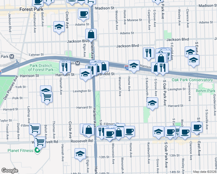 map of restaurants, bars, coffee shops, grocery stores, and more near 939 Wisconsin Avenue in Oak Park