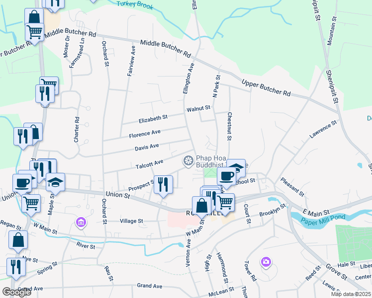 map of restaurants, bars, coffee shops, grocery stores, and more near 6 Talcott Avenue in Vernon