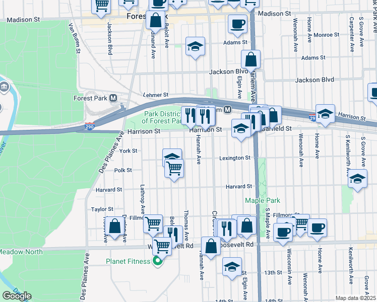 map of restaurants, bars, coffee shops, grocery stores, and more near 436 Thomas Avenue in Forest Park