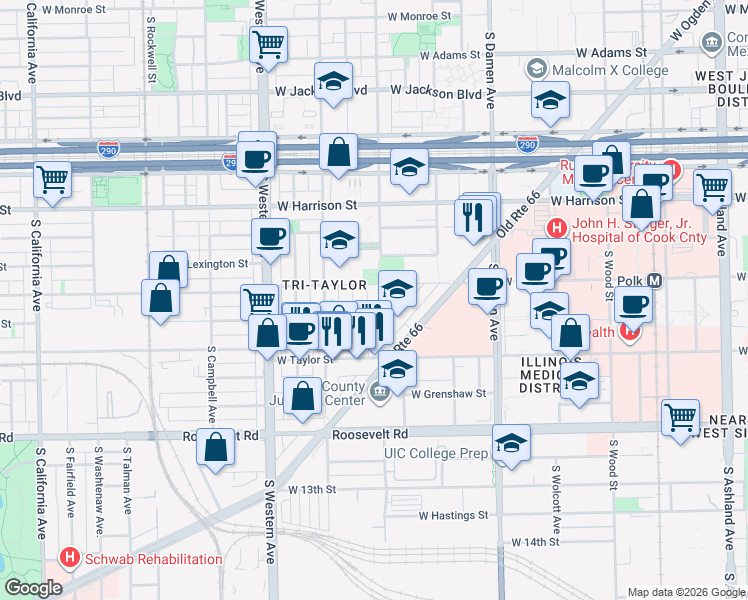 map of restaurants, bars, coffee shops, grocery stores, and more near 814 South Leavitt Street in Chicago
