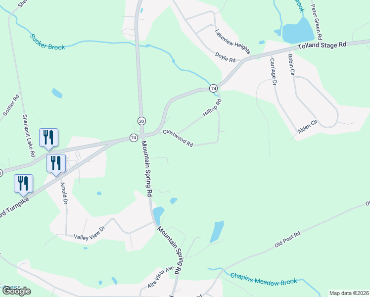 map of restaurants, bars, coffee shops, grocery stores, and more near 71 Crestwood Road in Tolland