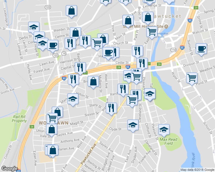 map of restaurants, bars, coffee shops, grocery stores, and more near 166 West Avenue in Pawtucket