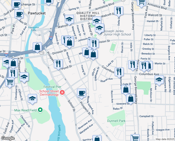map of restaurants, bars, coffee shops, grocery stores, and more near 97 Arch Street in Pawtucket