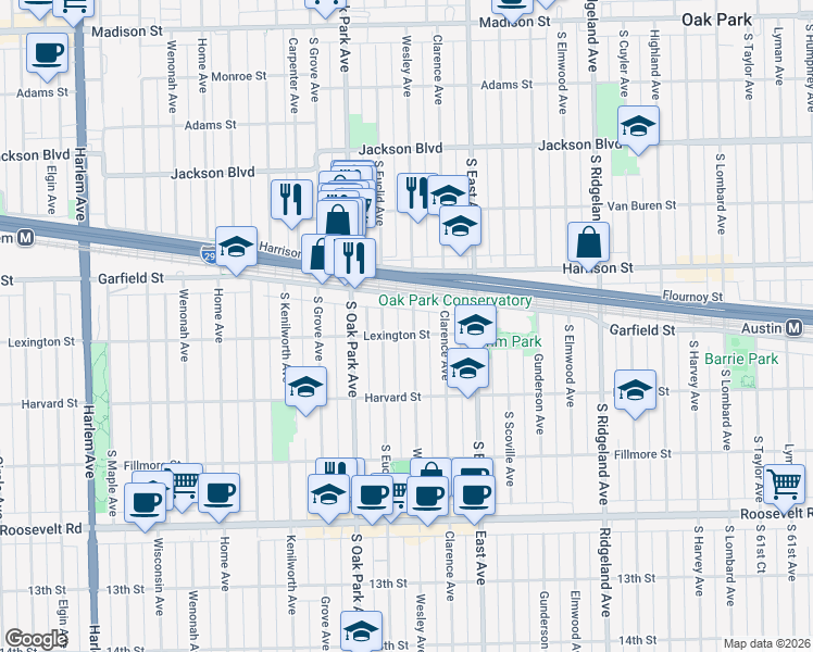 map of restaurants, bars, coffee shops, grocery stores, and more near 943 Wesley Avenue in Oak Park