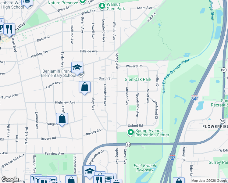 map of restaurants, bars, coffee shops, grocery stores, and more near 312 Spring Avenue in Glen Ellyn