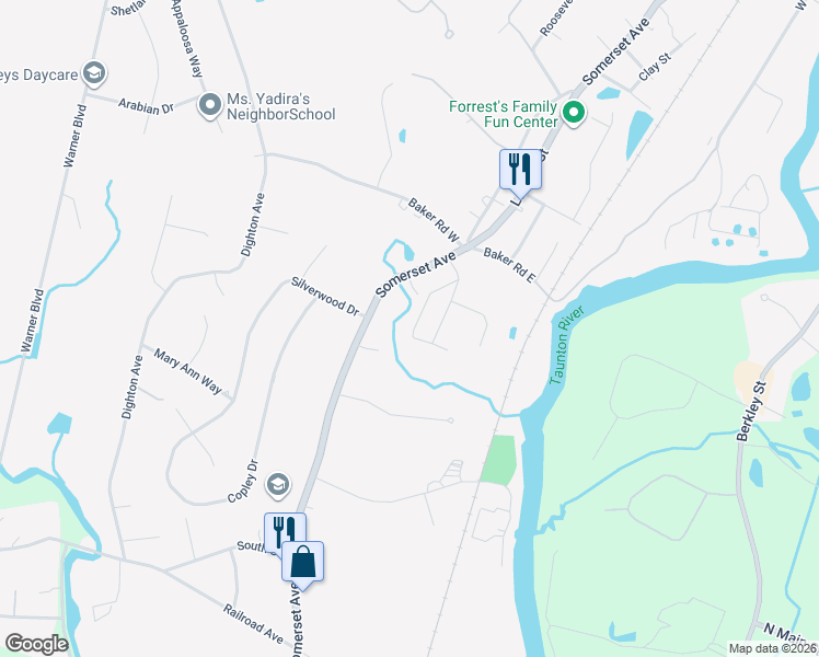 map of restaurants, bars, coffee shops, grocery stores, and more near 19 Clarendon Street in Taunton