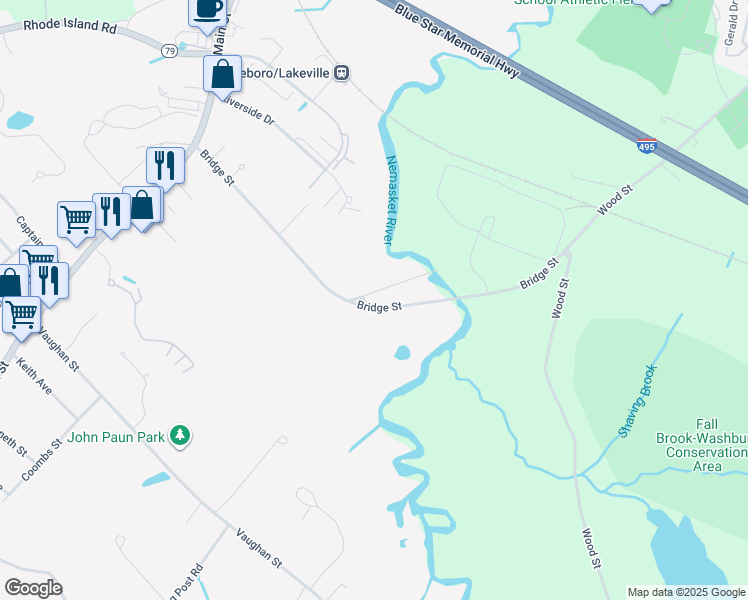 map of restaurants, bars, coffee shops, grocery stores, and more near 2 Old Bridge Street in Lakeville