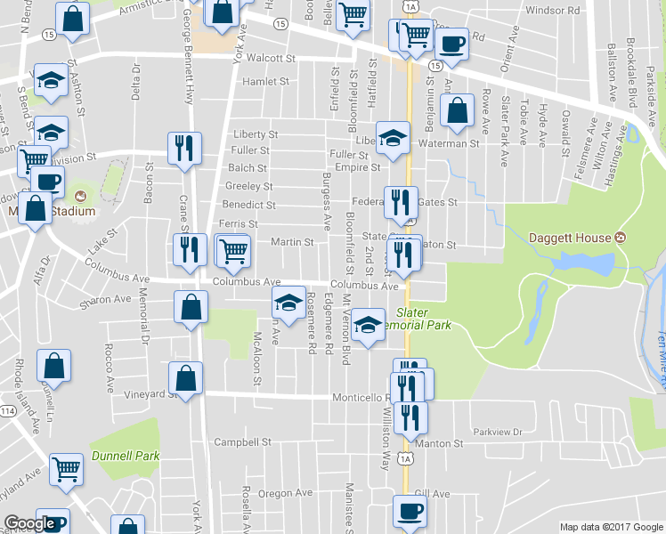 map of restaurants, bars, coffee shops, grocery stores, and more near 212 Burgess Avenue in Pawtucket