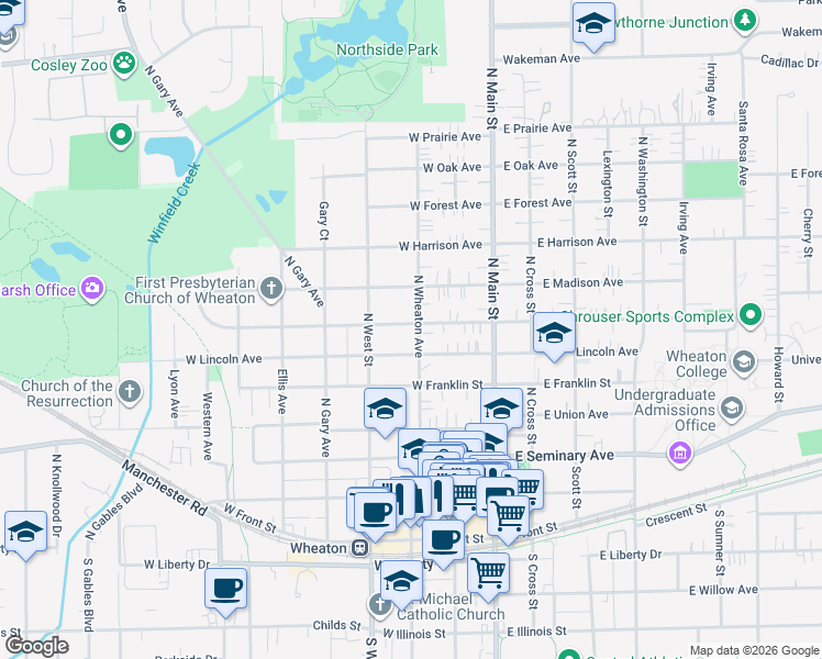 map of restaurants, bars, coffee shops, grocery stores, and more near 618 North Wheaton Avenue in Wheaton