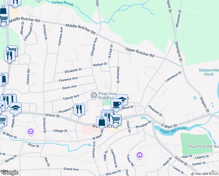 map of restaurants, bars, coffee shops, grocery stores, and more near 9 North Park Street in Vernon