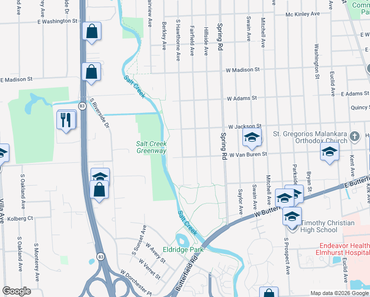 map of restaurants, bars, coffee shops, grocery stores, and more near 919 South Hawthorne Avenue in Elmhurst