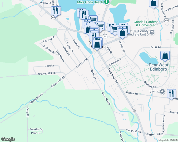 map of restaurants, bars, coffee shops, grocery stores, and more near 116 Water Street in Edinboro