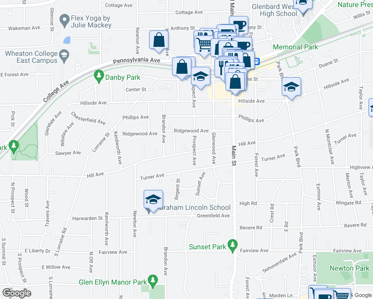 map of restaurants, bars, coffee shops, grocery stores, and more near 436 Hill Avenue in Glen Ellyn