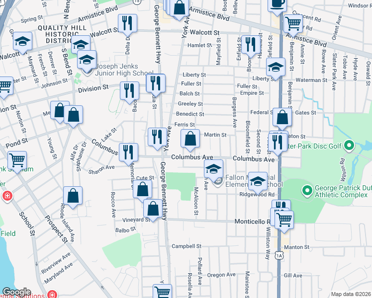 map of restaurants, bars, coffee shops, grocery stores, and more near 66 Dean Street in Pawtucket
