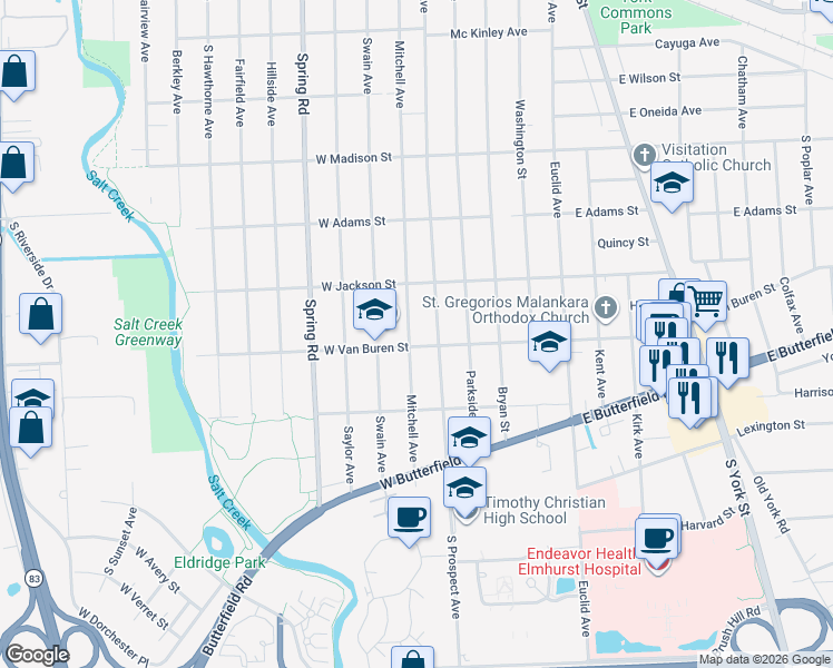 map of restaurants, bars, coffee shops, grocery stores, and more near 913 Mitchell Avenue in Elmhurst