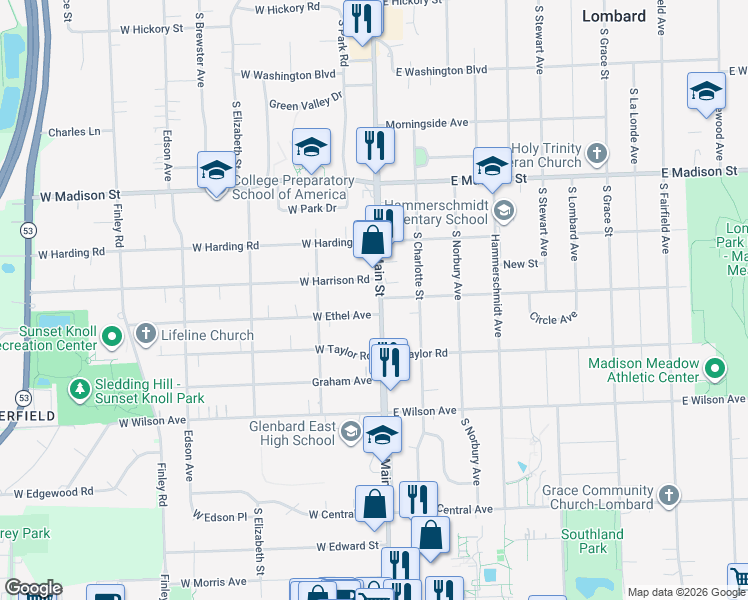 map of restaurants, bars, coffee shops, grocery stores, and more near 752 South Main Street in Lombard