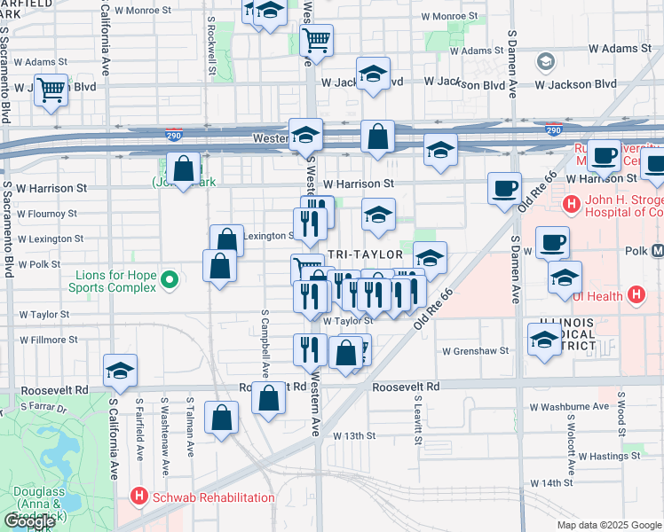 map of restaurants, bars, coffee shops, grocery stores, and more near 810 South Claremont Avenue in Chicago