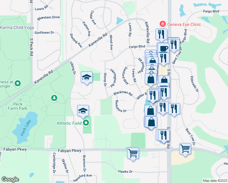 map of restaurants, bars, coffee shops, grocery stores, and more near 2717 Blackman Road in Geneva