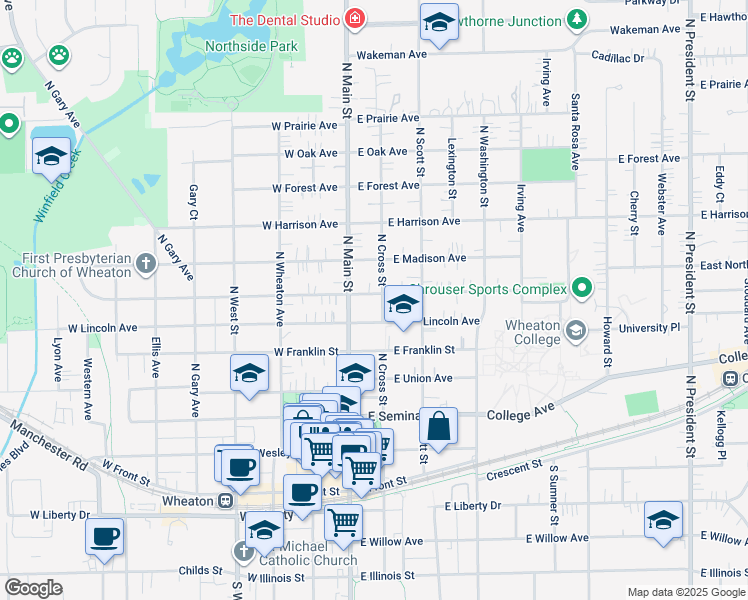 map of restaurants, bars, coffee shops, grocery stores, and more near 618 North Cross Street in Wheaton