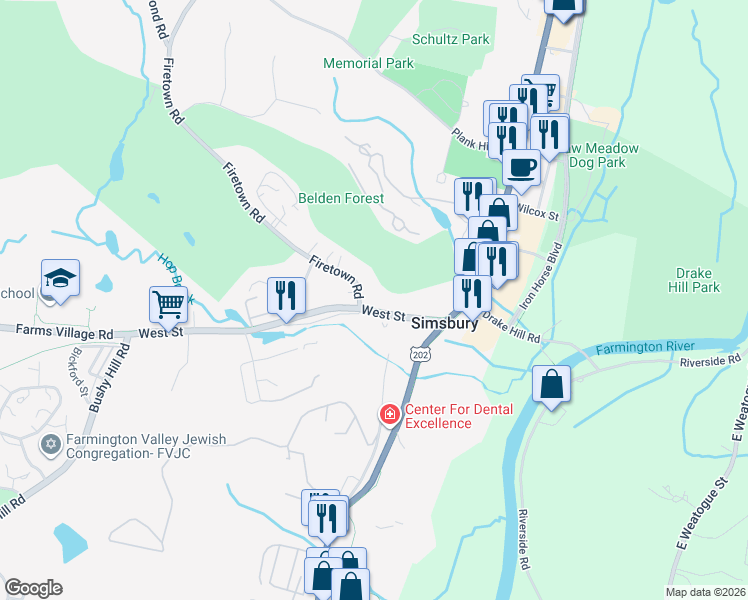 map of restaurants, bars, coffee shops, grocery stores, and more near 2 Firetown Road in Simsbury