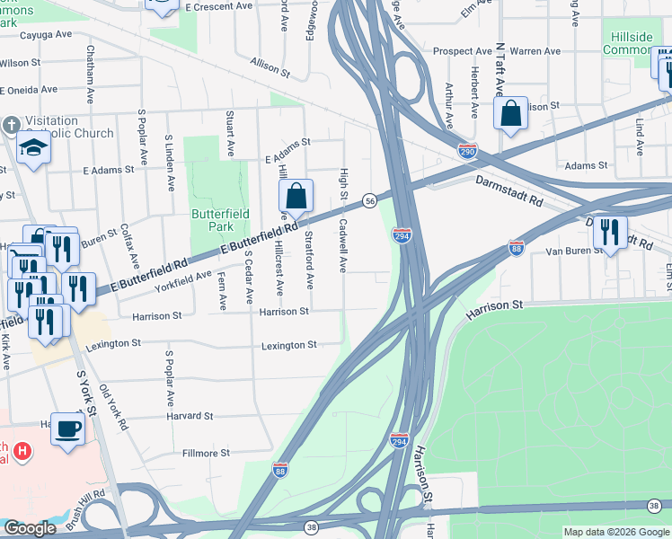 map of restaurants, bars, coffee shops, grocery stores, and more near 932 Cadwell Avenue in Elmhurst