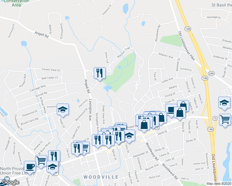 map of restaurants, bars, coffee shops, grocery stores, and more near 103 Palmer Drive in North Providence