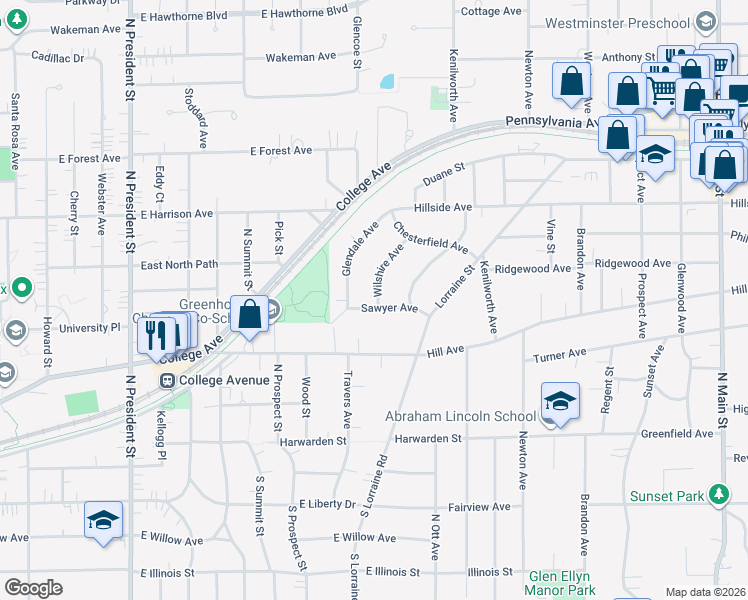 map of restaurants, bars, coffee shops, grocery stores, and more near 520 Wilshire Avenue in Glen Ellyn