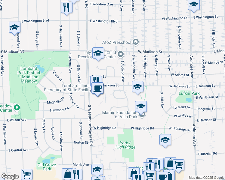 map of restaurants, bars, coffee shops, grocery stores, and more near 1114 Cambria Lane North in Lombard