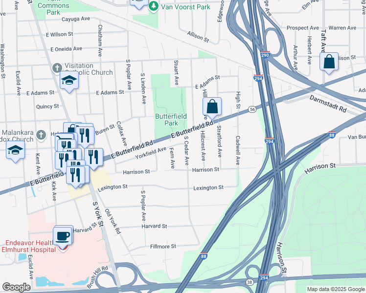 map of restaurants, bars, coffee shops, grocery stores, and more near 924 South Cedar Avenue in Elmhurst