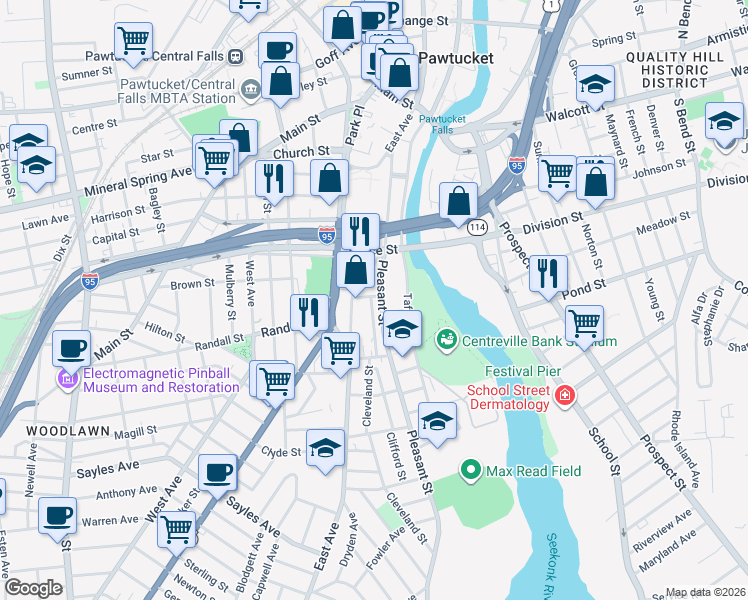 map of restaurants, bars, coffee shops, grocery stores, and more near 8 James Street in Pawtucket