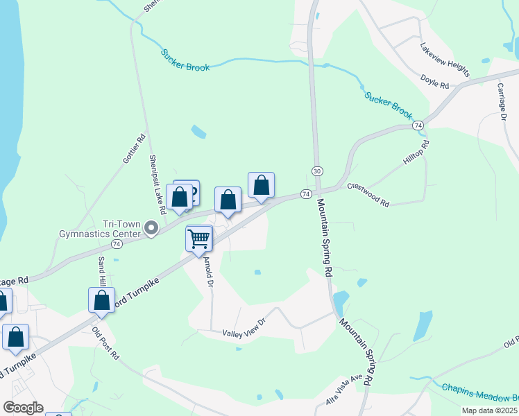 map of restaurants, bars, coffee shops, grocery stores, and more near 224 Hartford Turnpike in Tolland