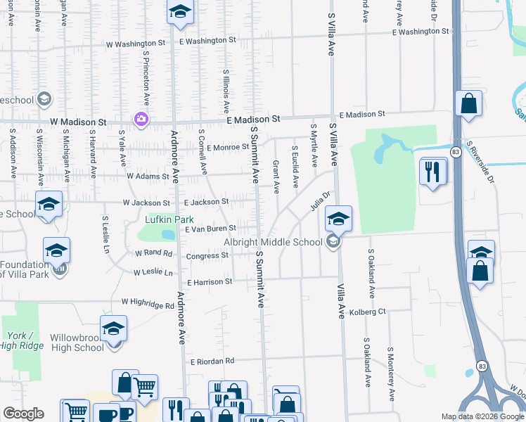 map of restaurants, bars, coffee shops, grocery stores, and more near 1011 South Summit Avenue in Villa Park