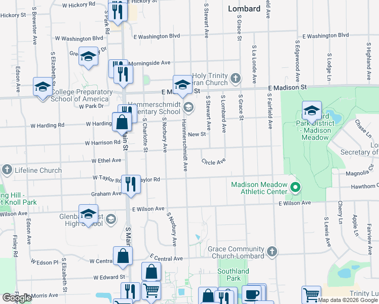 map of restaurants, bars, coffee shops, grocery stores, and more near 243 East Harrison Road in Lombard