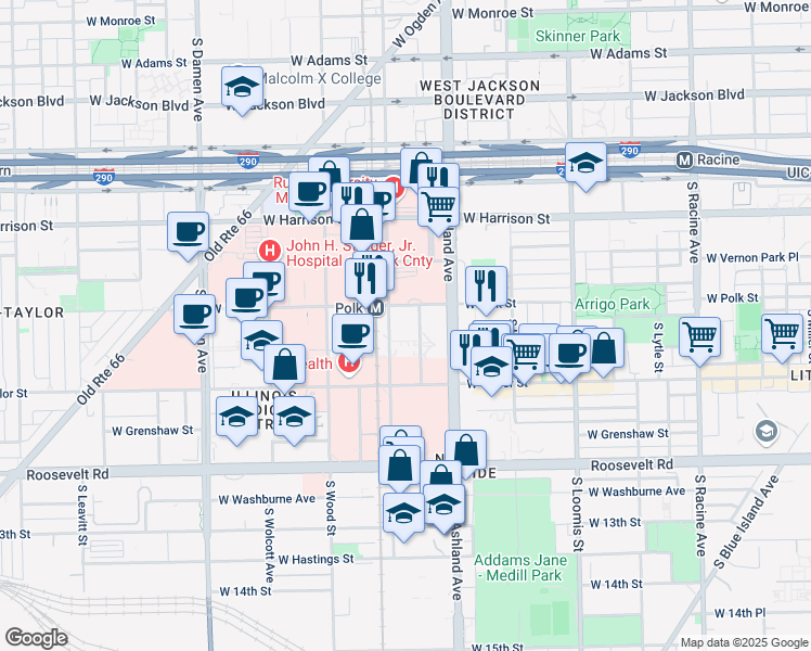 map of restaurants, bars, coffee shops, grocery stores, and more near 801 South Paulina Street in Chicago