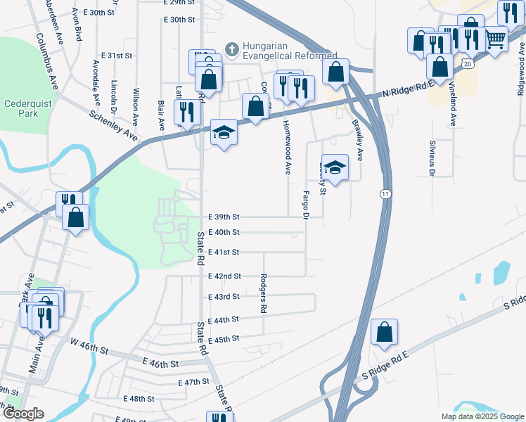 map of restaurants, bars, coffee shops, grocery stores, and more near 2043 East 39th Street in Ashtabula