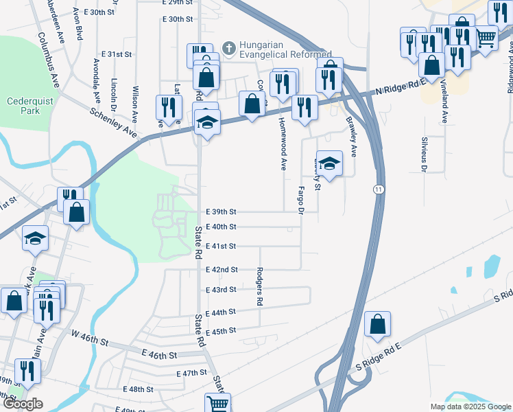 map of restaurants, bars, coffee shops, grocery stores, and more near 2043 E 39th St in Ashtabula