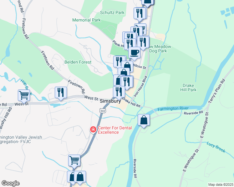 map of restaurants, bars, coffee shops, grocery stores, and more near 689 Hopmeadow Street in Simsbury
