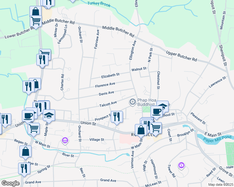 map of restaurants, bars, coffee shops, grocery stores, and more near 27 Davis Avenue in Vernon