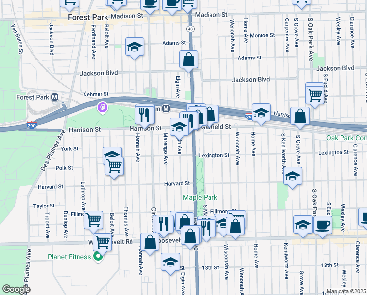 map of restaurants, bars, coffee shops, grocery stores, and more near 836 Elgin Avenue in Forest Park