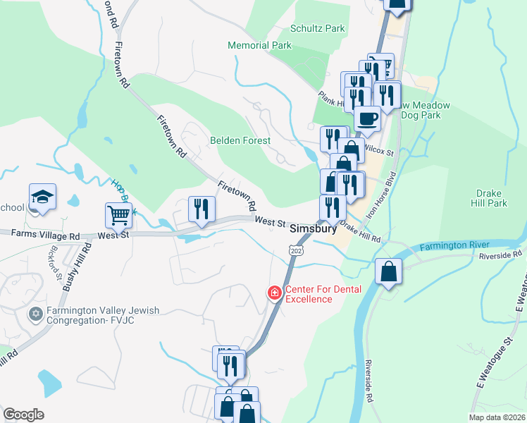 map of restaurants, bars, coffee shops, grocery stores, and more near 2 Firetown Road in Simsbury