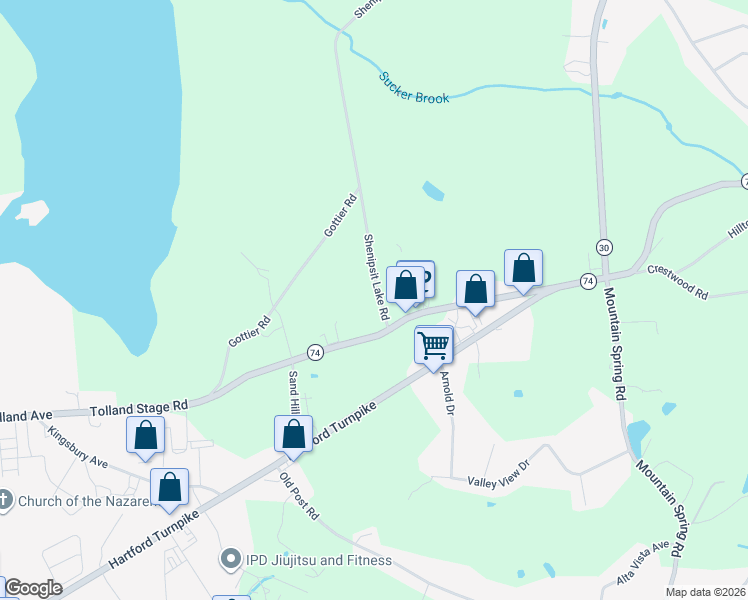 map of restaurants, bars, coffee shops, grocery stores, and more near 15 Shenipsit Lake Road in Tolland