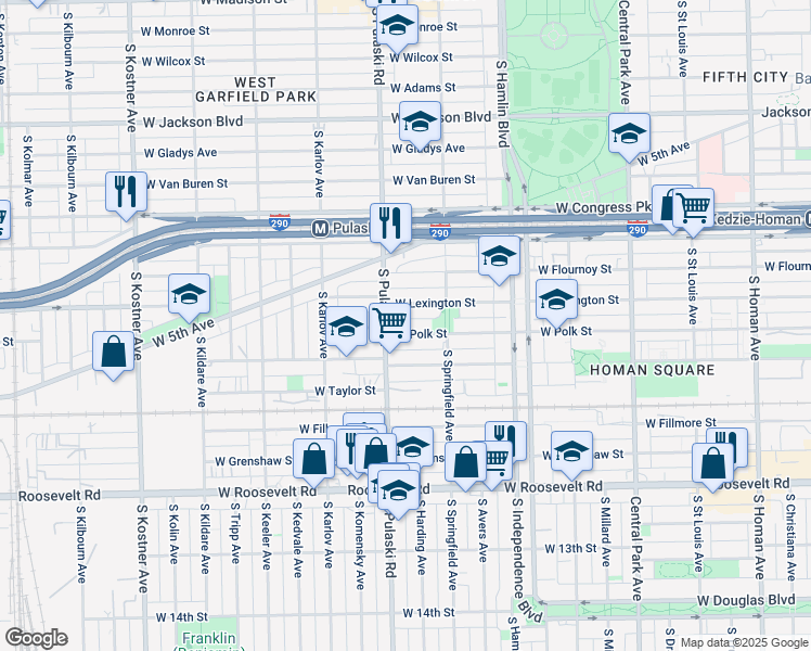 map of restaurants, bars, coffee shops, grocery stores, and more near 3940 West Polk Street in Chicago